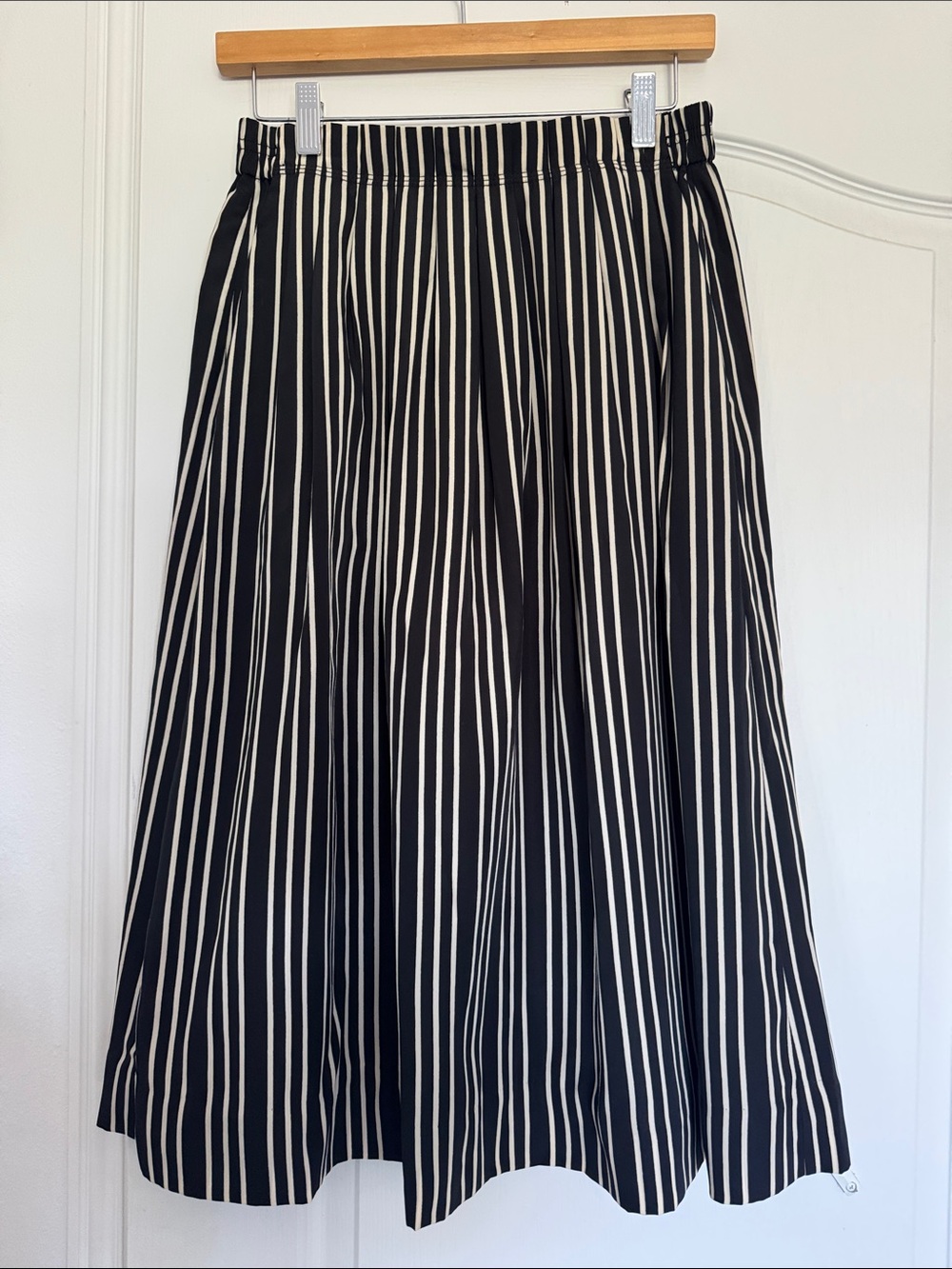 J. Crew Black and White Vertical-Stripe Midi Skirt